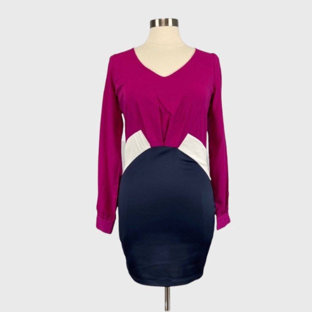 Gianni Bini Womens Colorblock Long Sleeve V Neck Dress Pink Blue Juniors size 5